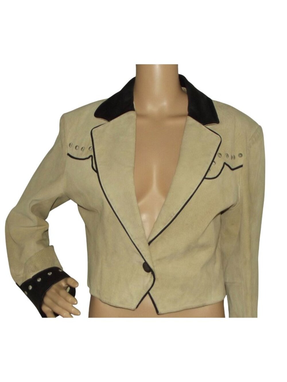 Pioneer Woman Leather Jacket Womens Size Small beige black studded short coat